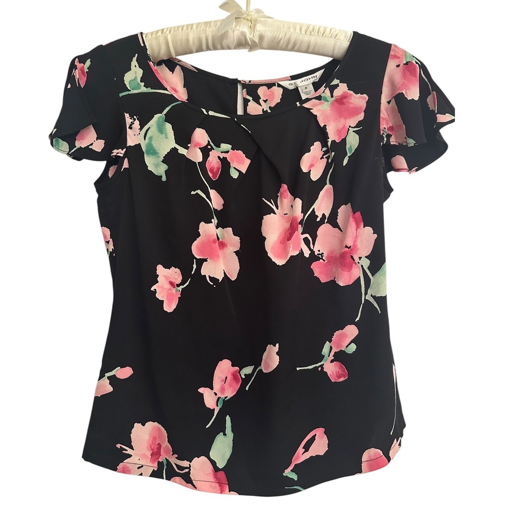 St. John Silk Blend Floral Flutter Sleeve Blouse Black Petite Pleated Luxury